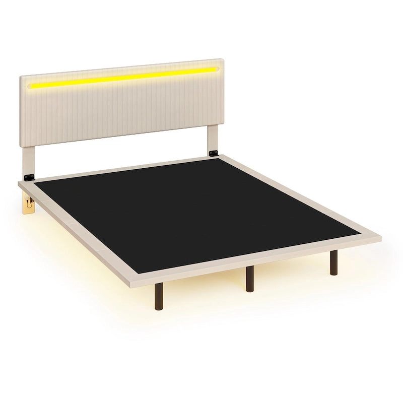 Floating Platform Bed Frame with Channel Tufted Velvet Headboard – Full/Queen, No Box Spring Needed