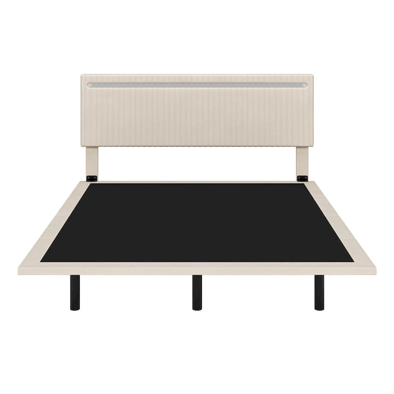 Floating Platform Bed Frame with Channel Tufted Velvet Headboard – Full/Queen, No Box Spring Needed