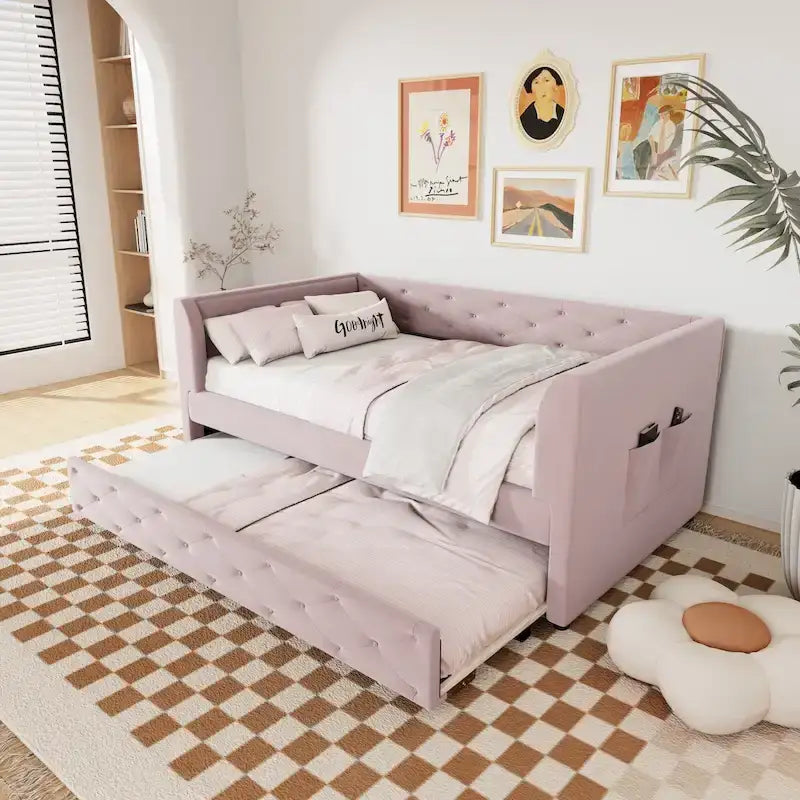Twin Velvet Tufted Daybed with Trundle & Side Storage – Converts to 2 Twin Beds, 400 lb Capacity