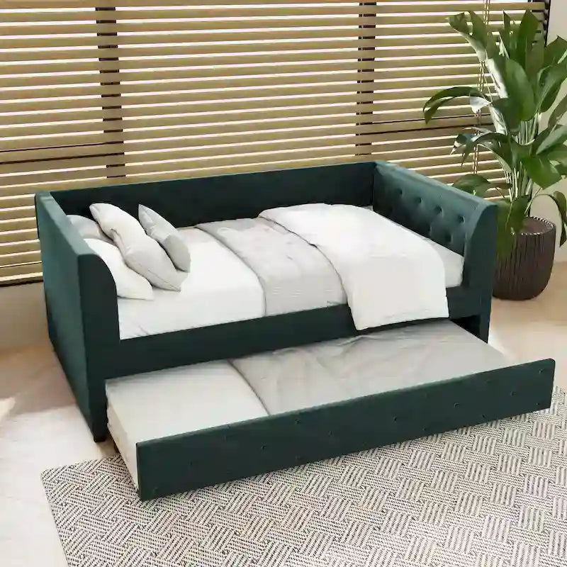 Twin Velvet Tufted Daybed with Trundle & Side Storage – Converts to 2 Twin Beds, 400 lb Capacity