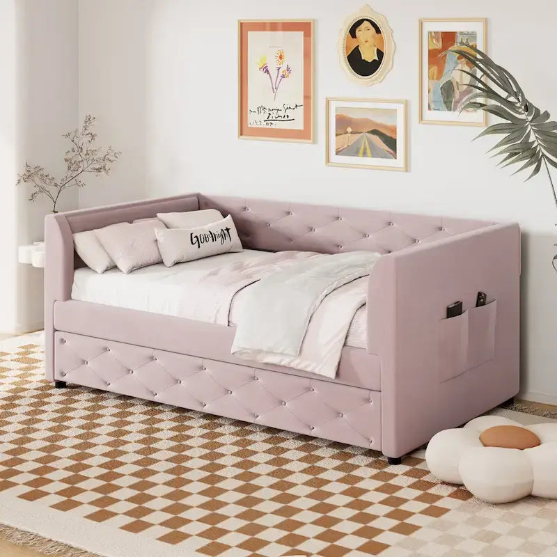 Twin Velvet Tufted Daybed with Trundle & Side Storage – Converts to 2 Twin Beds, 400 lb Capacity