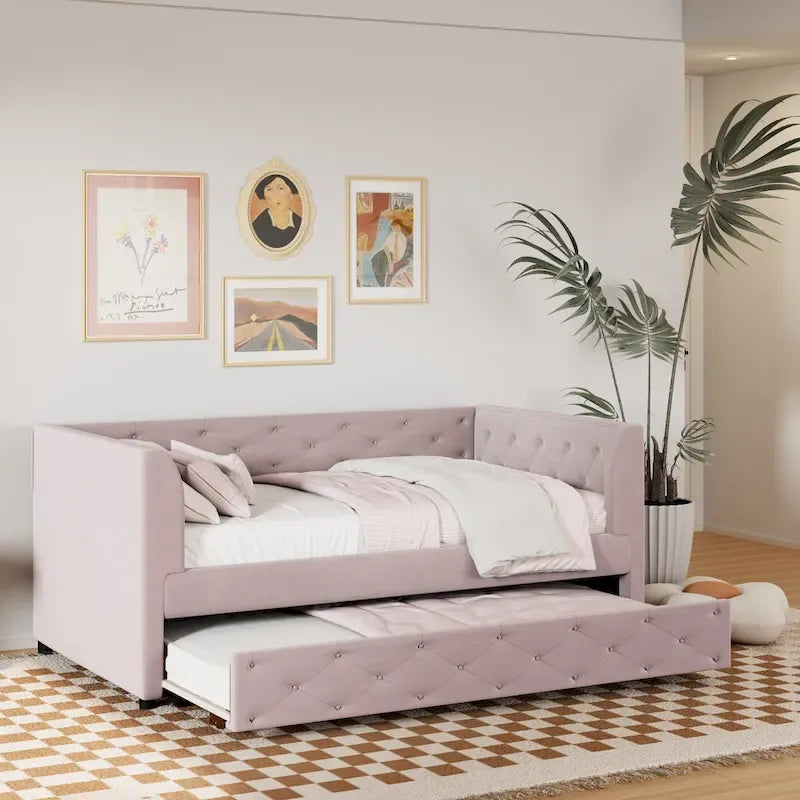 Twin Velvet Tufted Daybed with Trundle & Side Storage – Converts to 2 Twin Beds, 400 lb Capacity