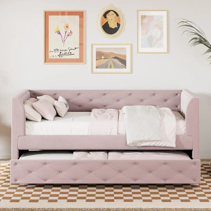 Twin Velvet Tufted Daybed with Trundle & Side Storage – Converts to 2 Twin Beds, 400 lb Capacity