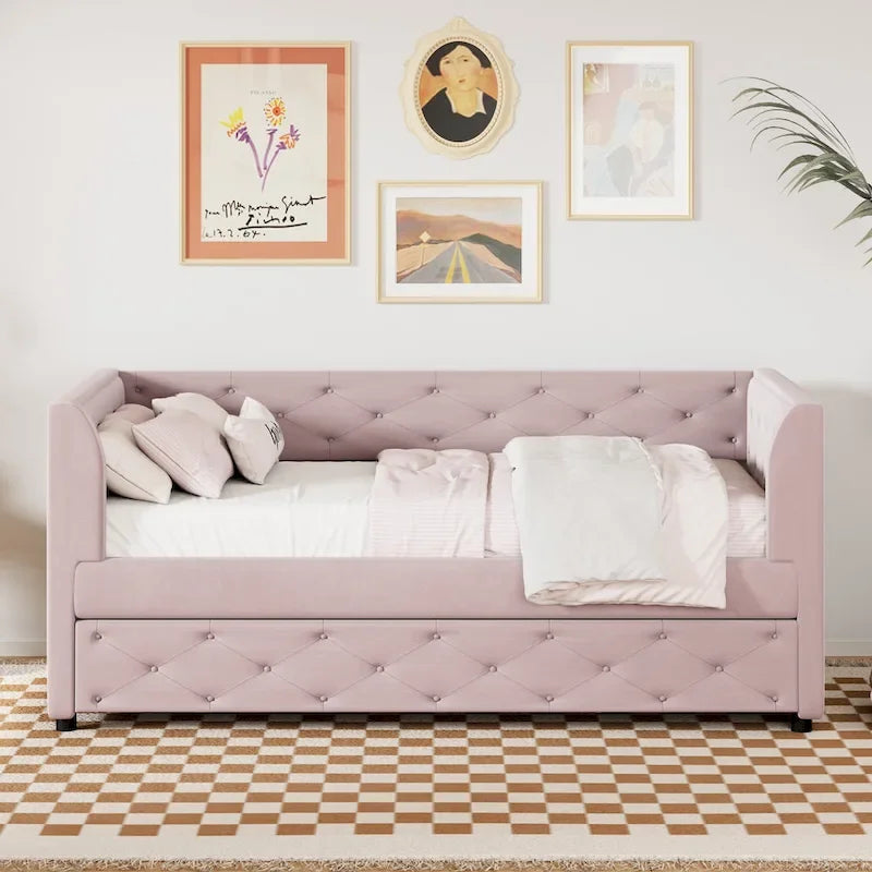 Twin Velvet Tufted Daybed with Trundle & Side Storage – Converts to 2 Twin Beds, 400 lb Capacity