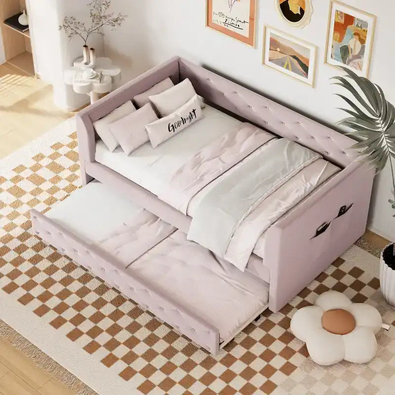 Twin Velvet Tufted Daybed with Trundle & Side Storage – Converts to 2 Twin Beds, 400 lb Capacity