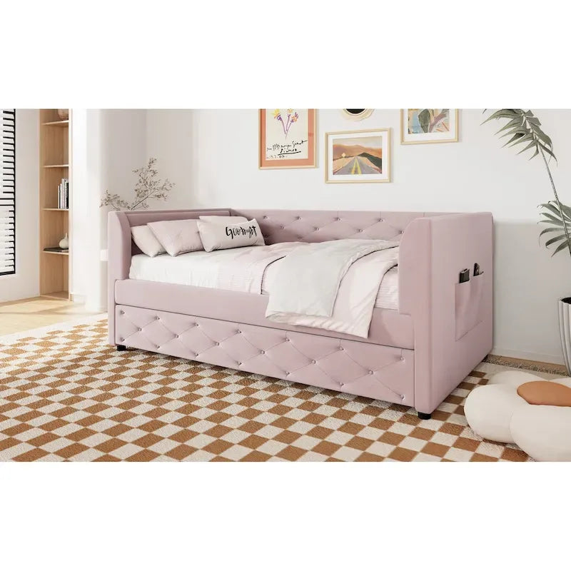 Twin Velvet Tufted Daybed with Trundle & Side Storage – Converts to 2 Twin Beds, 400 lb Capacity