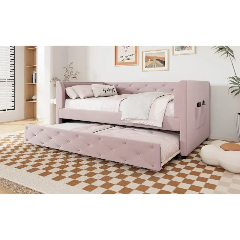 Twin Velvet Tufted Daybed with Trundle & Side Storage – Converts to 2 Twin Beds, 400 lb Capacity