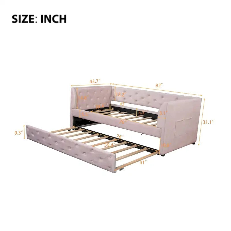 Twin Velvet Tufted Daybed with Trundle & Side Storage – Converts to 2 Twin Beds, 400 lb Capacity