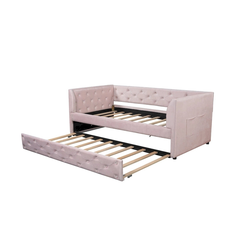Twin Velvet Tufted Daybed with Trundle & Side Storage – Converts to 2 Twin Beds, 400 lb Capacity