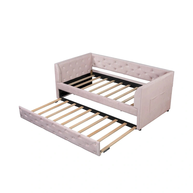 Twin Velvet Tufted Daybed with Trundle & Side Storage – Converts to 2 Twin Beds, 400 lb Capacity
