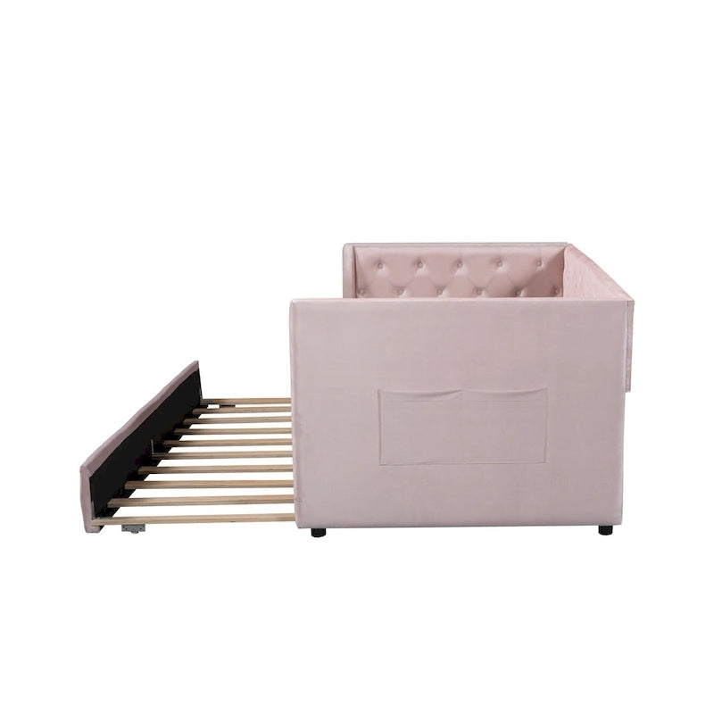 Twin Velvet Tufted Daybed with Trundle & Side Storage – Converts to 2 Twin Beds, 400 lb Capacity
