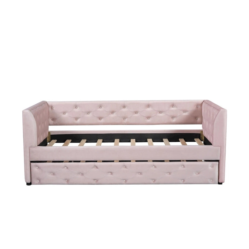 Twin Velvet Tufted Daybed with Trundle & Side Storage – Converts to 2 Twin Beds, 400 lb Capacity