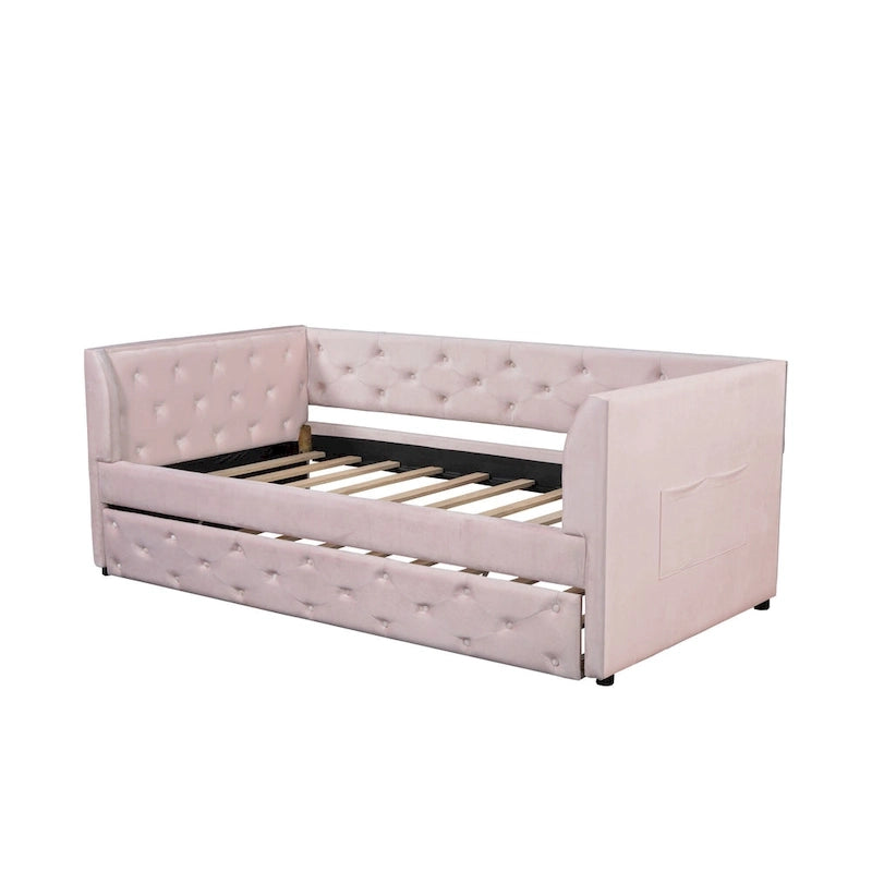 Twin Velvet Tufted Daybed with Trundle & Side Storage – Converts to 2 Twin Beds, 400 lb Capacity