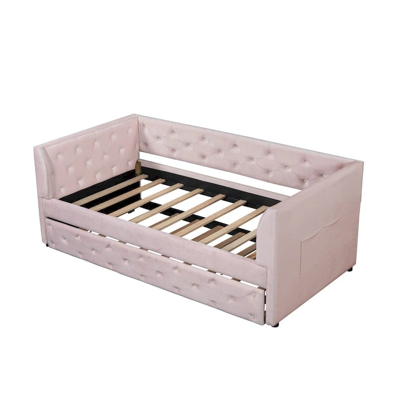 Twin Velvet Tufted Daybed with Trundle & Side Storage – Converts to 2 Twin Beds, 400 lb Capacity