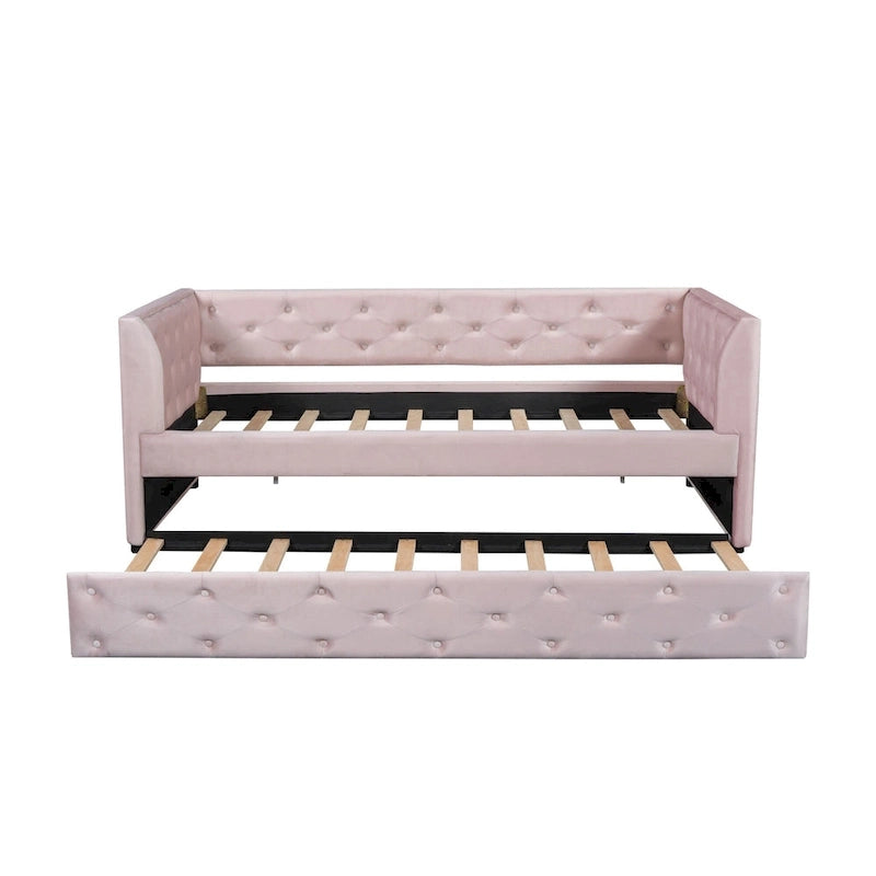 Twin Velvet Tufted Daybed with Trundle & Side Storage – Converts to 2 Twin Beds, 400 lb Capacity