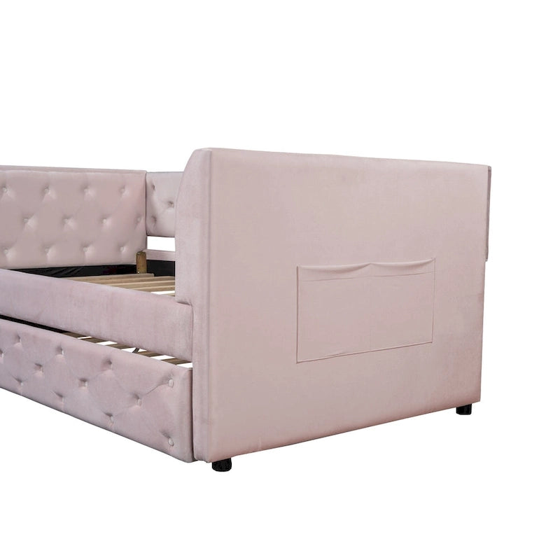 Twin Velvet Tufted Daybed with Trundle & Side Storage – Converts to 2 Twin Beds, 400 lb Capacity