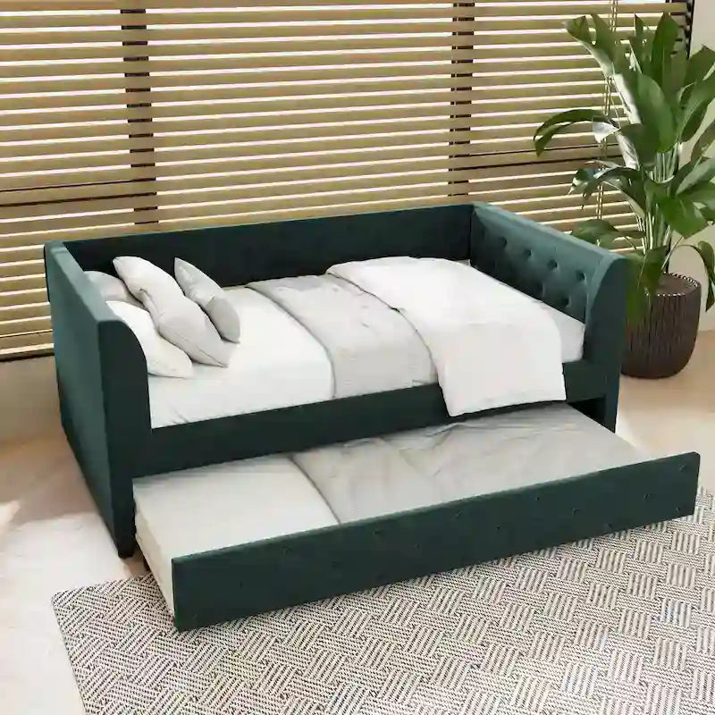 Twin Velvet Tufted Daybed with Trundle & Side Storage – Converts to 2 Twin Beds, 400 lb Capacity