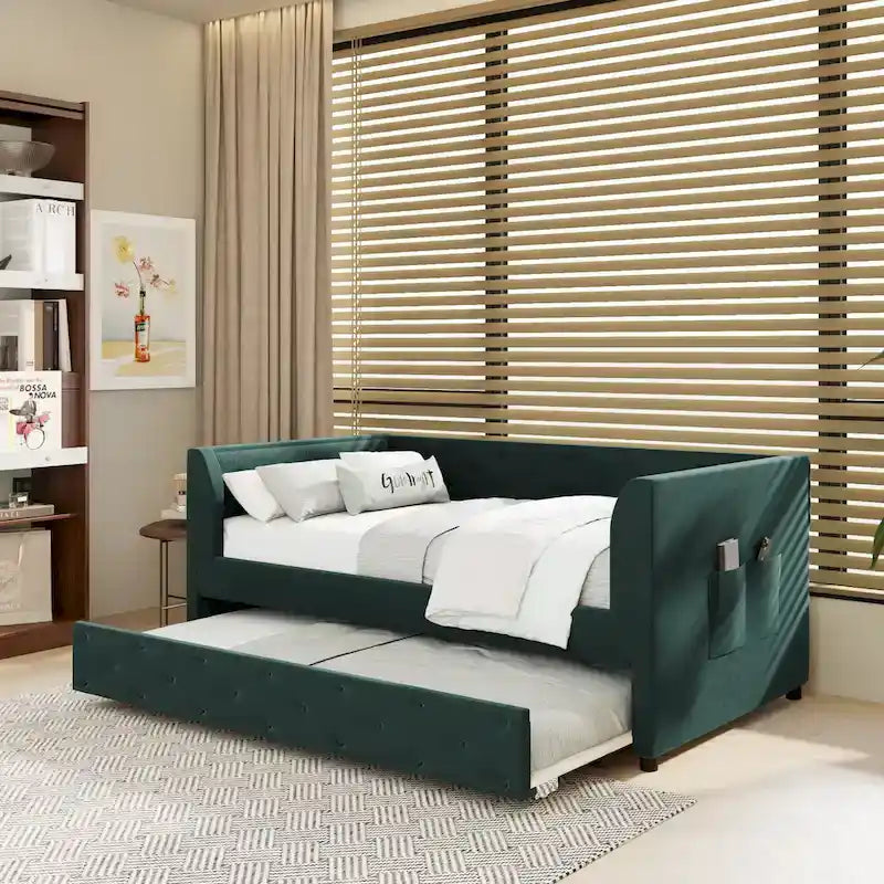 Twin Velvet Tufted Daybed with Trundle & Side Storage – Converts to 2 Twin Beds, 400 lb Capacity