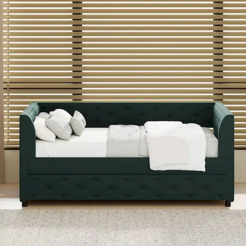 Twin Velvet Tufted Daybed with Trundle & Side Storage – Converts to 2 Twin Beds, 400 lb Capacity