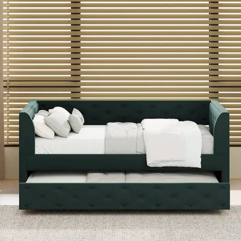 Twin Velvet Tufted Daybed with Trundle & Side Storage – Converts to 2 Twin Beds, 400 lb Capacity
