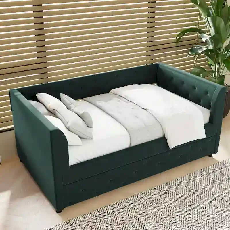 Twin Velvet Tufted Daybed with Trundle & Side Storage – Converts to 2 Twin Beds, 400 lb Capacity