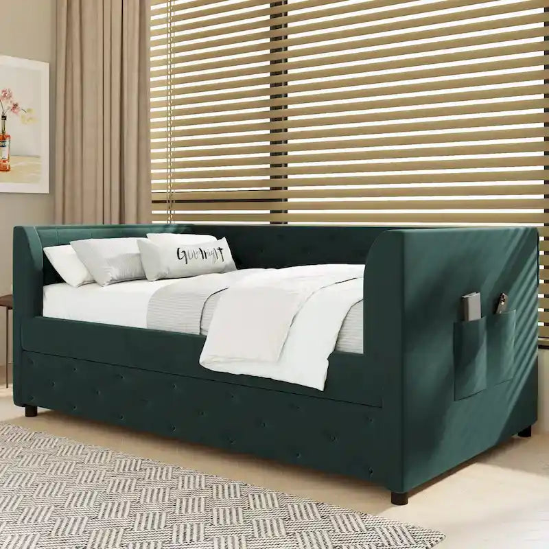 Twin Velvet Tufted Daybed with Trundle & Side Storage – Converts to 2 Twin Beds, 400 lb Capacity