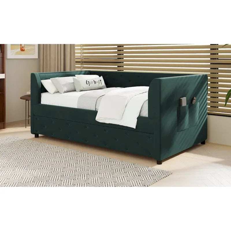 Twin Velvet Tufted Daybed with Trundle & Side Storage – Converts to 2 Twin Beds, 400 lb Capacity