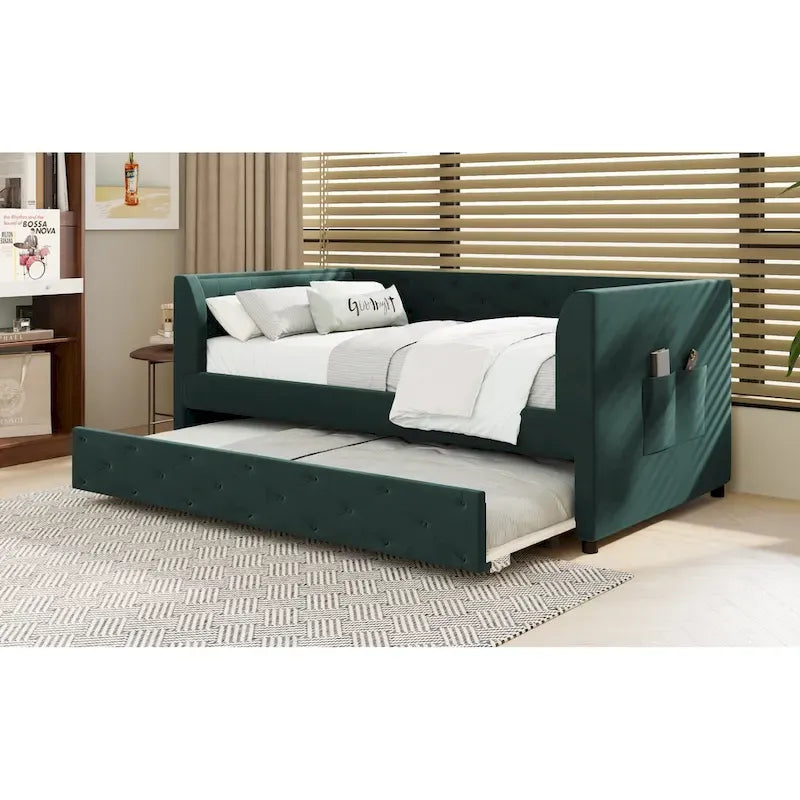 Twin Velvet Tufted Daybed with Trundle & Side Storage – Converts to 2 Twin Beds, 400 lb Capacity