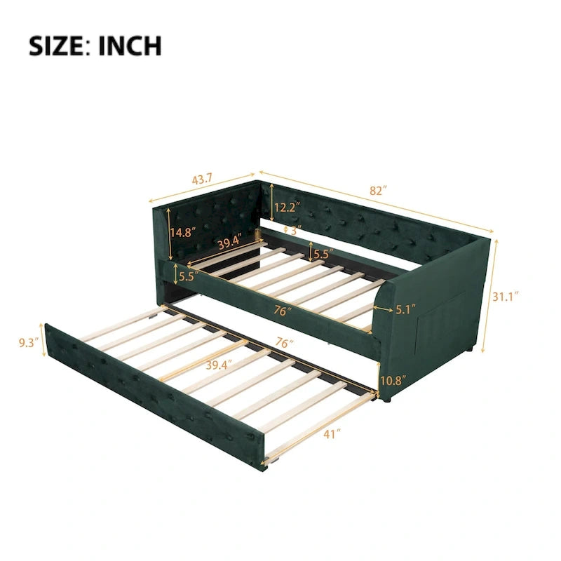 Twin Velvet Tufted Daybed with Trundle & Side Storage – Converts to 2 Twin Beds, 400 lb Capacity