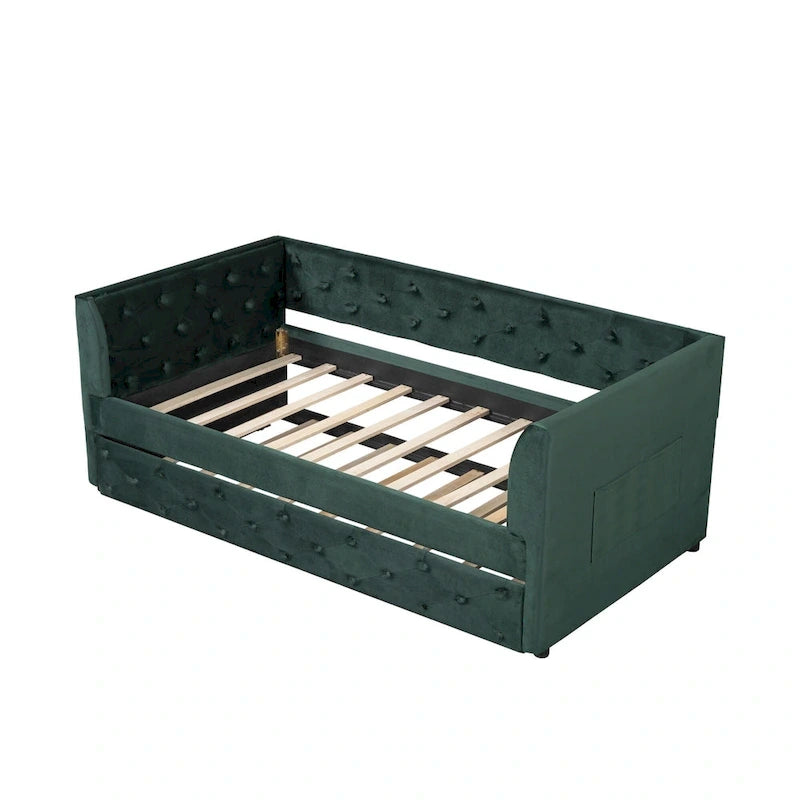 Twin Velvet Tufted Daybed with Trundle & Side Storage – Converts to 2 Twin Beds, 400 lb Capacity