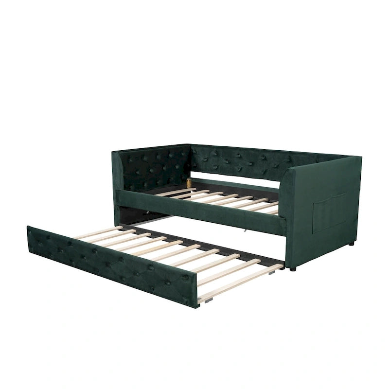 Twin Velvet Tufted Daybed with Trundle & Side Storage – Converts to 2 Twin Beds, 400 lb Capacity