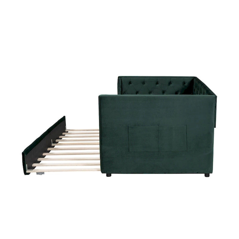 Twin Velvet Tufted Daybed with Trundle & Side Storage – Converts to 2 Twin Beds, 400 lb Capacity