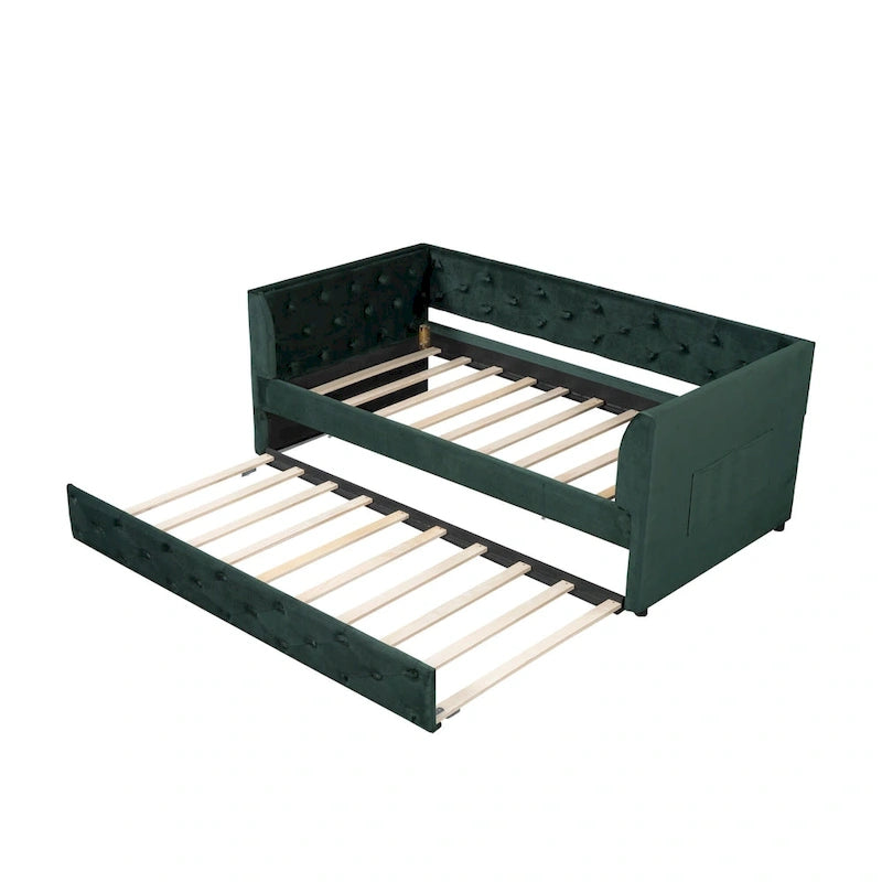 Twin Velvet Tufted Daybed with Trundle & Side Storage – Converts to 2 Twin Beds, 400 lb Capacity