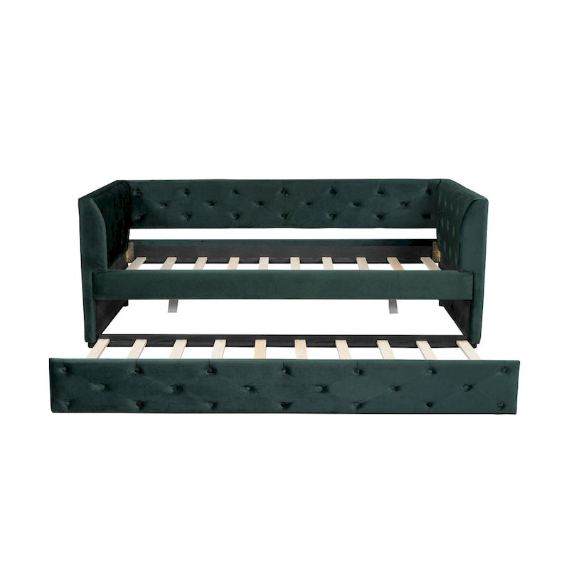 Twin Velvet Tufted Daybed with Trundle & Side Storage – Converts to 2 Twin Beds, 400 lb Capacity