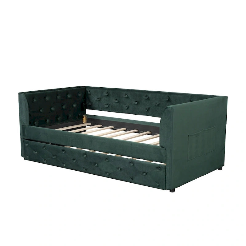 Twin Velvet Tufted Daybed with Trundle & Side Storage – Converts to 2 Twin Beds, 400 lb Capacity