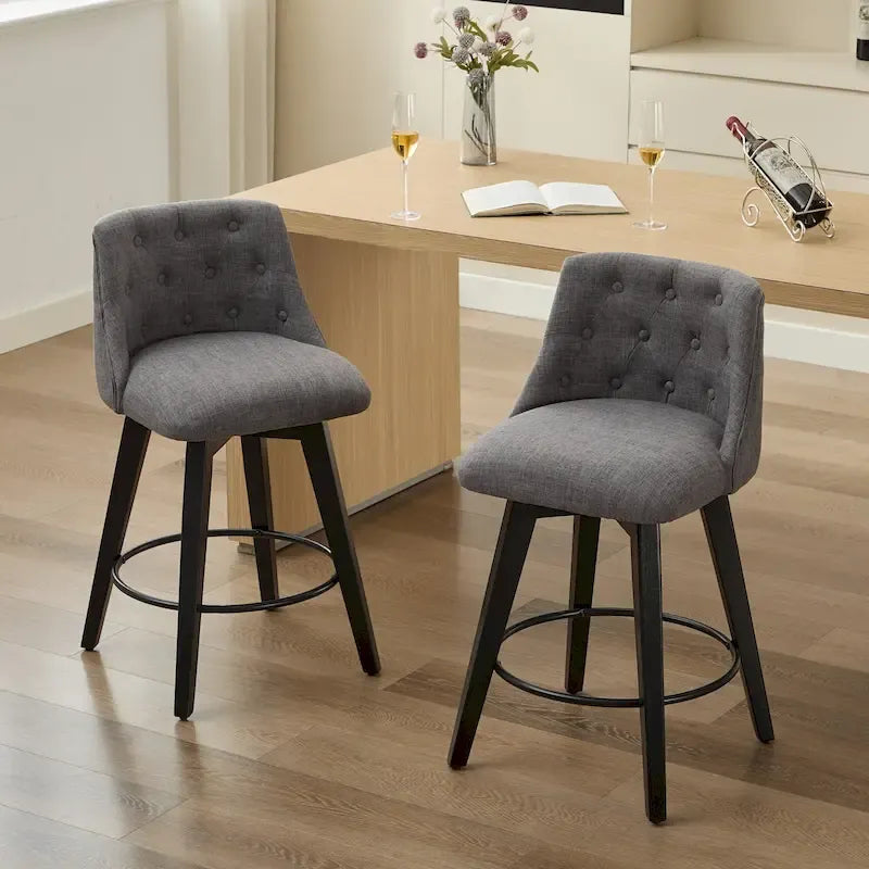 Swivel Bar Stools Set of 2 with Button Tufted Linen Back & Solid Wood Frame – Counter Height