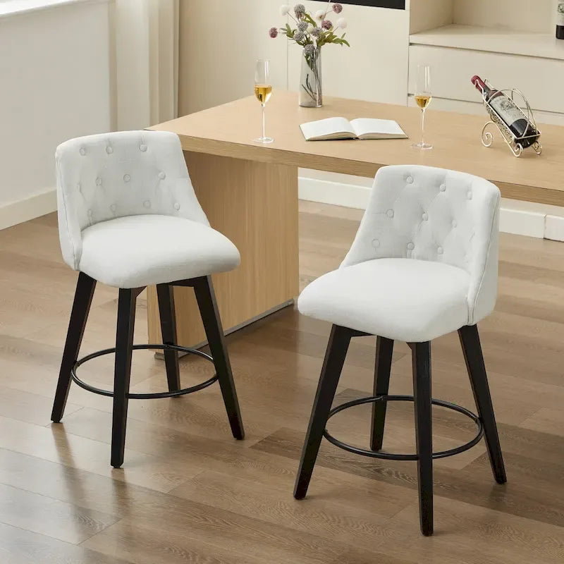 Swivel Bar Stools Set of 2 with Button Tufted Linen Back & Solid Wood Frame – Counter Height