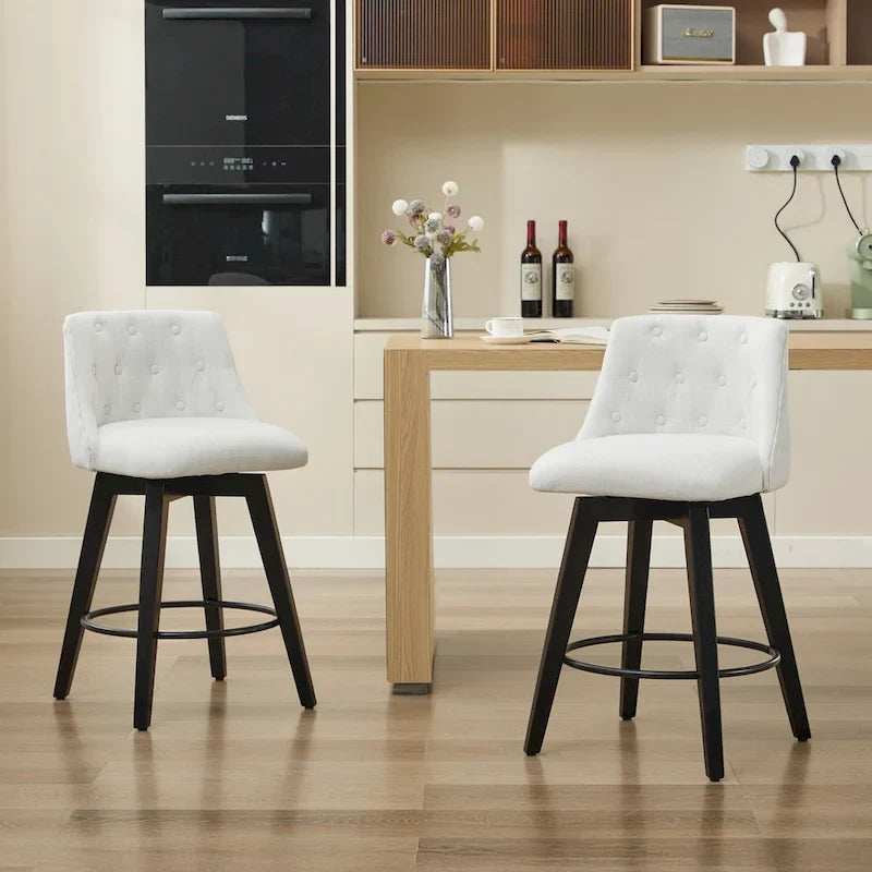 Swivel Bar Stools Set of 2 with Button Tufted Linen Back & Solid Wood Frame – Counter Height