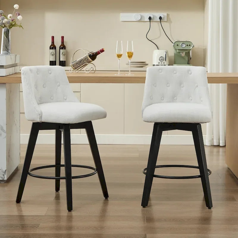 Swivel Bar Stools Set of 2 with Button Tufted Linen Back & Solid Wood Frame – Counter Height