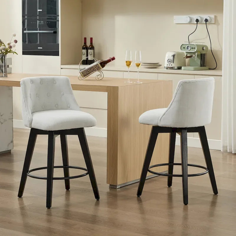Swivel Bar Stools Set of 2 with Button Tufted Linen Back & Solid Wood Frame – Counter Height