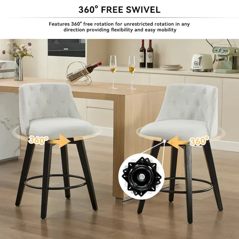 Swivel Bar Stools Set of 2 with Button Tufted Linen Back & Solid Wood Frame – Counter Height