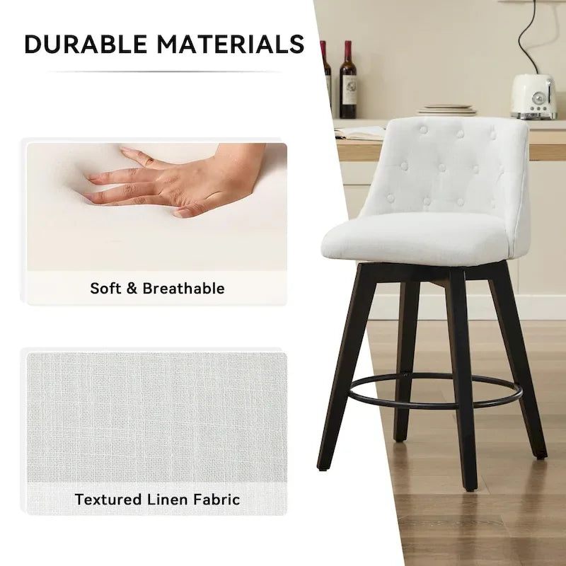 Swivel Bar Stools Set of 2 with Button Tufted Linen Back & Solid Wood Frame – Counter Height
