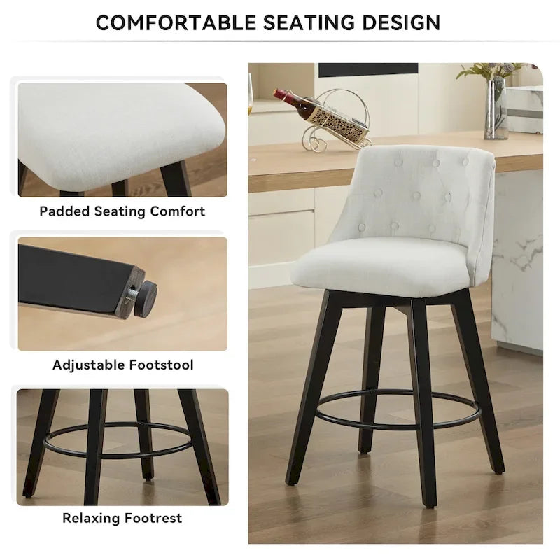 Swivel Bar Stools Set of 2 with Button Tufted Linen Back & Solid Wood Frame – Counter Height