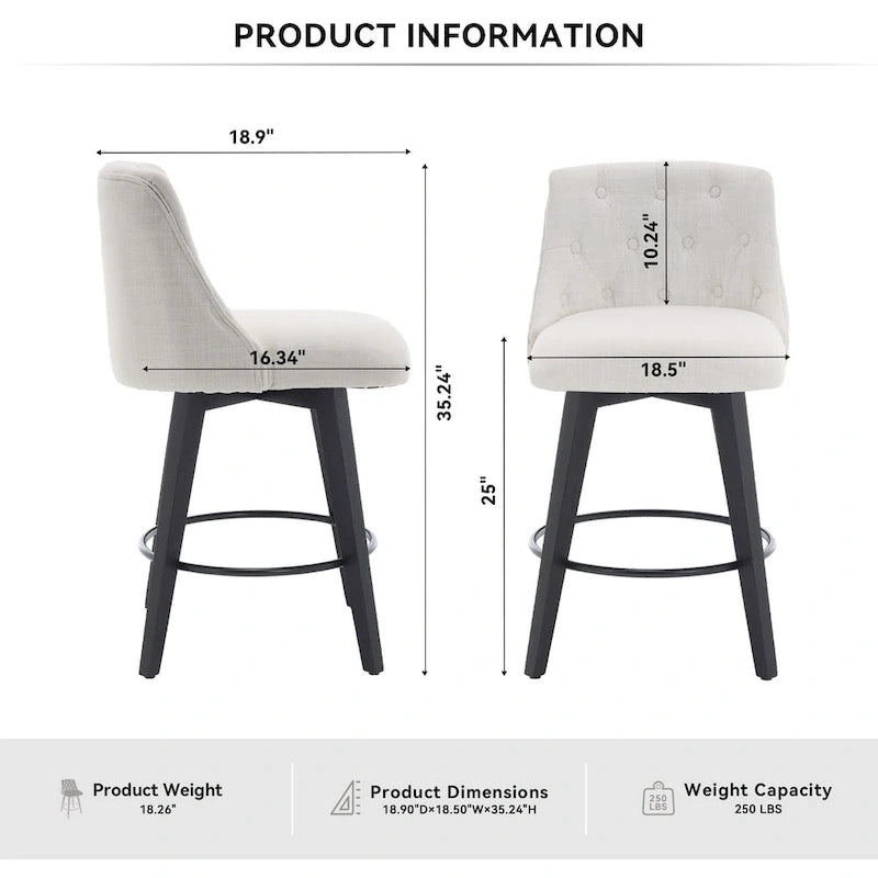 Swivel Bar Stools Set of 2 with Button Tufted Linen Back & Solid Wood Frame – Counter Height