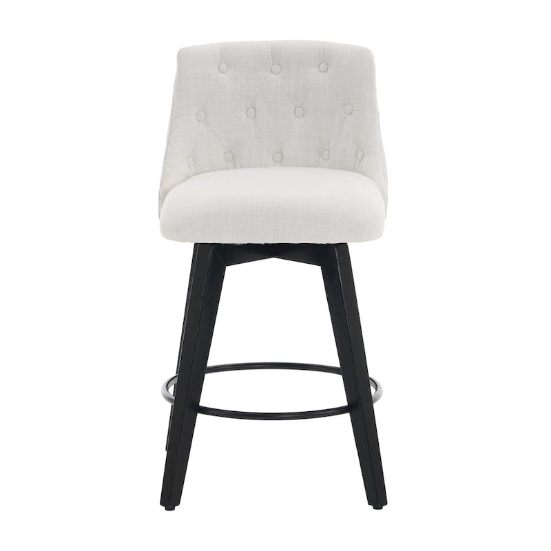 Swivel Bar Stools Set of 2 with Button Tufted Linen Back & Solid Wood Frame – Counter Height