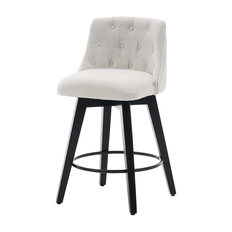 Swivel Bar Stools Set of 2 with Button Tufted Linen Back & Solid Wood Frame – Counter Height