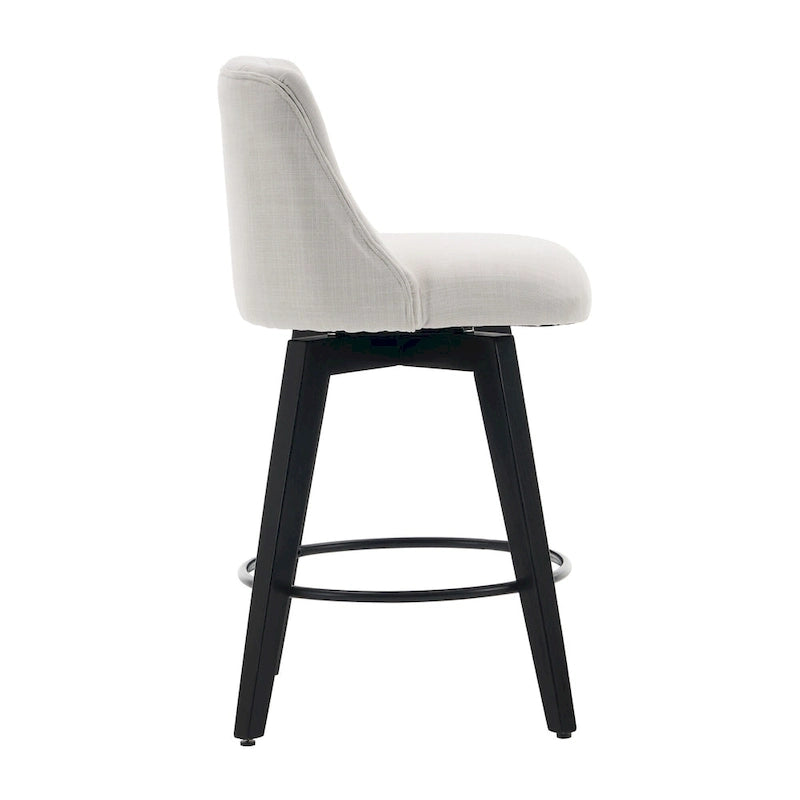 Swivel Bar Stools Set of 2 with Button Tufted Linen Back & Solid Wood Frame – Counter Height