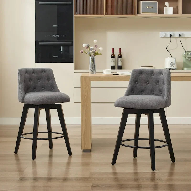 Swivel Bar Stools Set of 2 with Button Tufted Linen Back & Solid Wood Frame – Counter Height