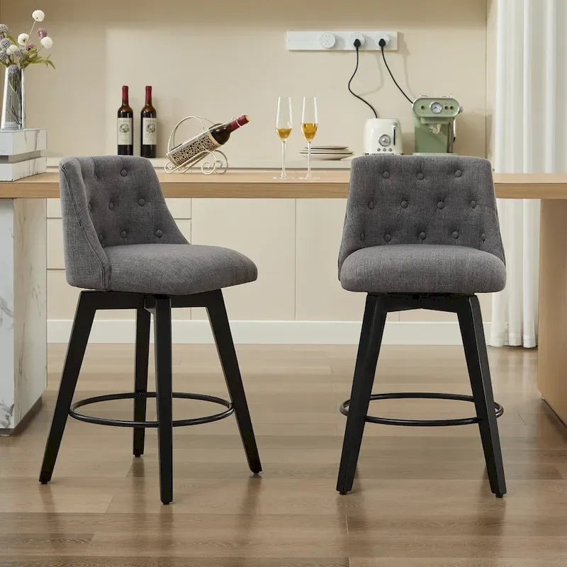 Swivel Bar Stools Set of 2 with Button Tufted Linen Back & Solid Wood Frame – Counter Height