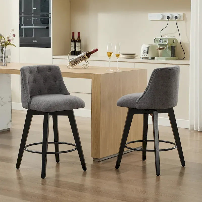 Swivel Bar Stools Set of 2 with Button Tufted Linen Back & Solid Wood Frame – Counter Height